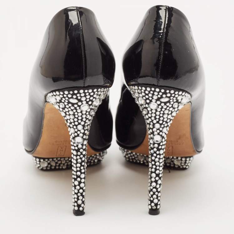 Pre Owned Gina Black Patent Leather Crystal Embellished Heel Platform Pumps Size 39