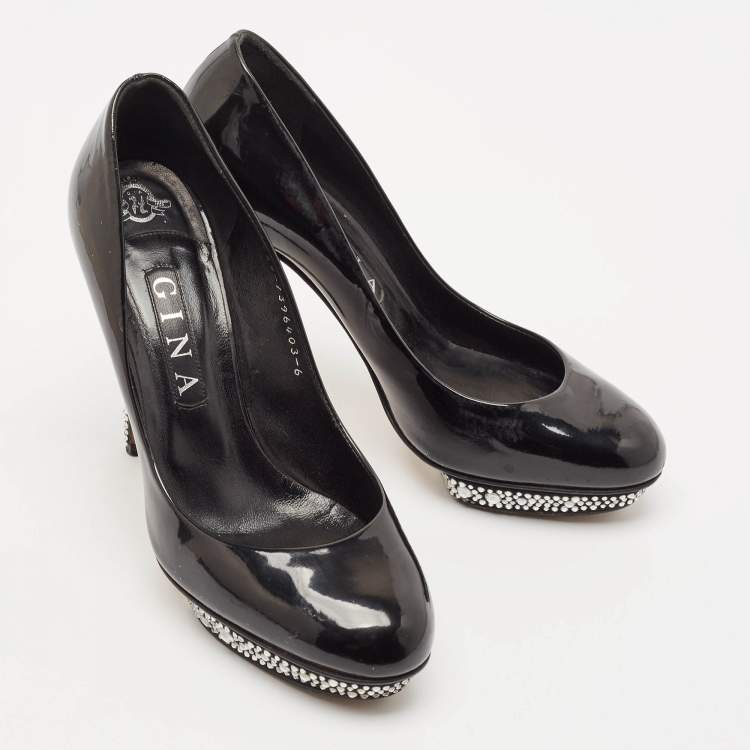 Pre Owned Gina Black Patent Leather Crystal Embellished Heel Platform Pumps Size 39