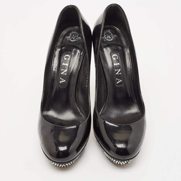 Pre Owned Gina Black Patent Leather Crystal Embellished Heel Platform Pumps Size 39