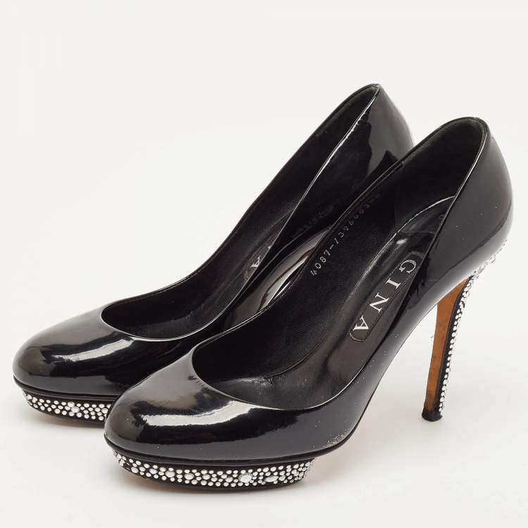 Pre Owned Gina Black Patent Leather Crystal Embellished Heel Platform Pumps Size 39