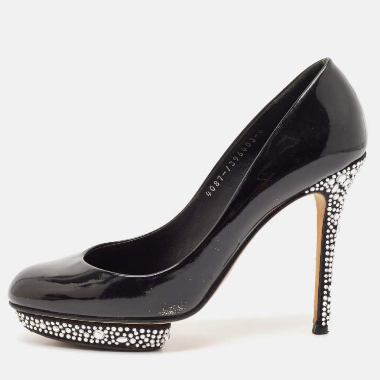 Pre Owned Gina Black Patent Leather Crystal Embellished Heel Platform Pumps Size 39