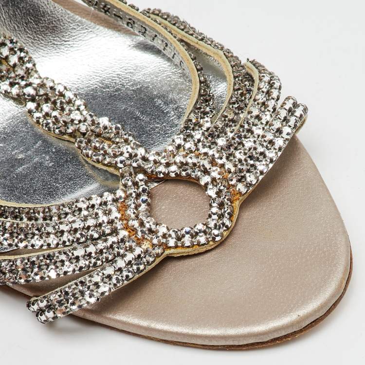 Pre Owned Gina Silver Leather Crystal Embellished T-Strap Sandals Size 40
