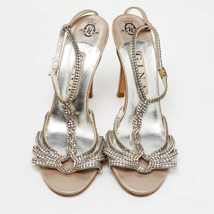 Pre Owned Gina Silver Leather Crystal Embellished T-Strap Sandals Size 40