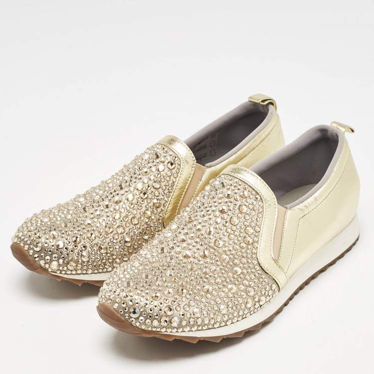 مملوكة مسبقًا Gina Beige Leather and Crystal Embellished  Slip On Sneakers Size 40