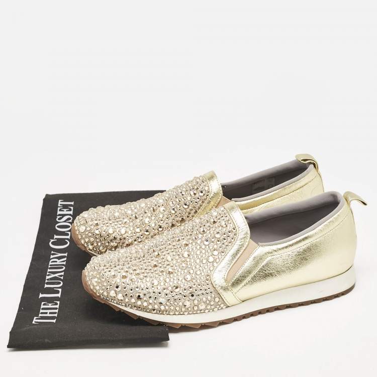 مملوكة مسبقًا Gina Beige Leather and Crystal Embellished  Slip On Sneakers Size 40