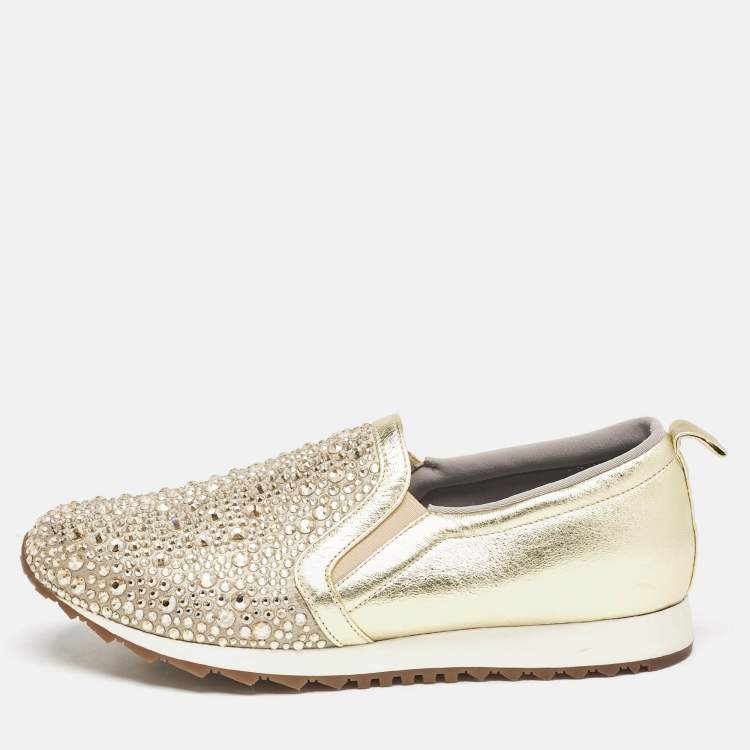 مملوكة مسبقًا Gina Beige Leather and Crystal Embellished  Slip On Sneakers Size 40