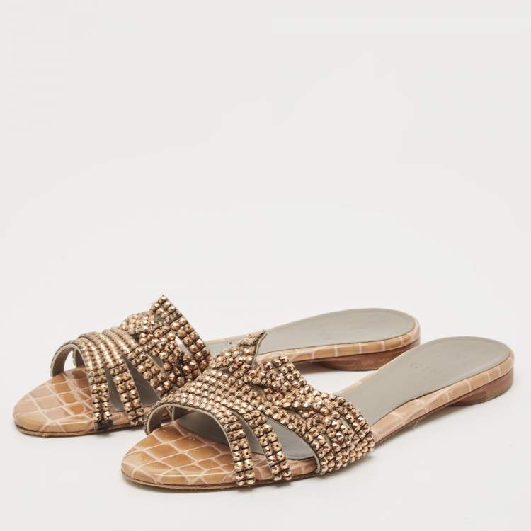 Pre Owned Gina Brown/Grey Croc Embossed Patent Leather Loren Flat Slides Size 38.5