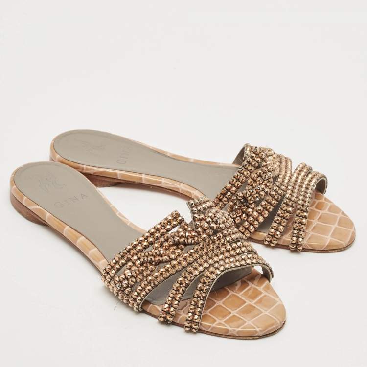 Pre Owned Gina Brown/Grey Croc Embossed Patent Leather Loren Flat Slides Size 38.5