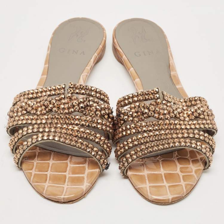 Pre Owned Gina Brown/Grey Croc Embossed Patent Leather Loren Flat Slides Size 38.5