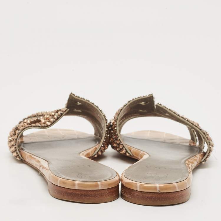 Pre Owned Gina Brown/Grey Croc Embossed Patent Leather Loren Flat Slides Size 38.5