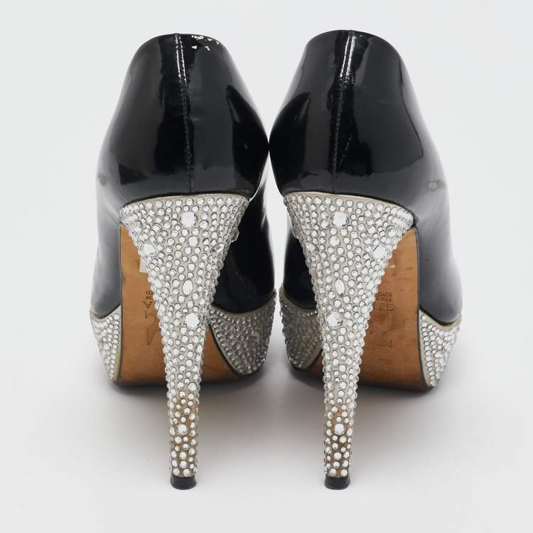 Pre Owned Gina Black Patent Leather  Crystal Embellished Platform Pumps Size 37