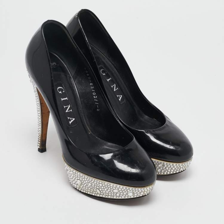 Pre Owned Gina Black Patent Leather  Crystal Embellished Platform Pumps Size 37