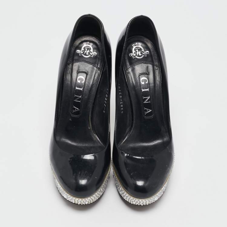 Pre Owned Gina Black Patent Leather  Crystal Embellished Platform Pumps Size 37