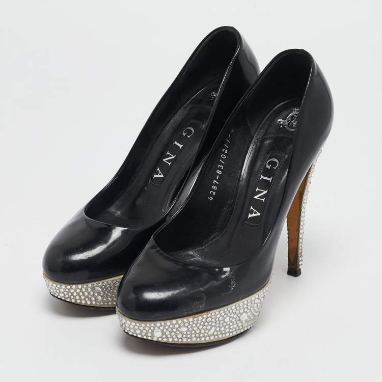 Pre Owned Gina Black Patent Leather  Crystal Embellished Platform Pumps Size 37