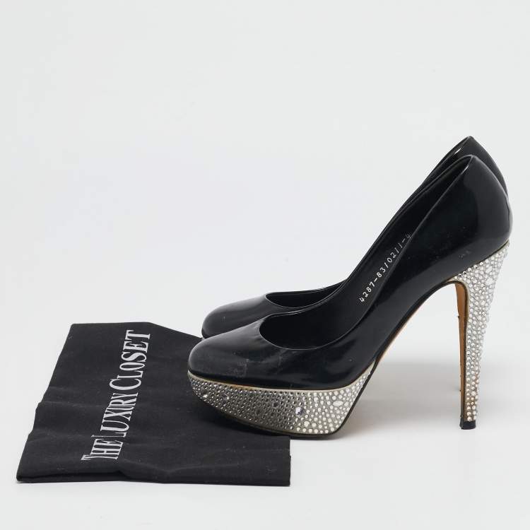 Pre Owned Gina Black Patent Leather  Crystal Embellished Platform Pumps Size 37
