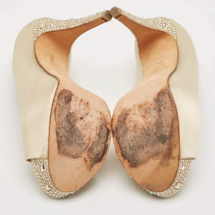 Pre Owned Gina Beige Satin Crystal Embellished Peep Toe Platform Pumps Size 38.5
