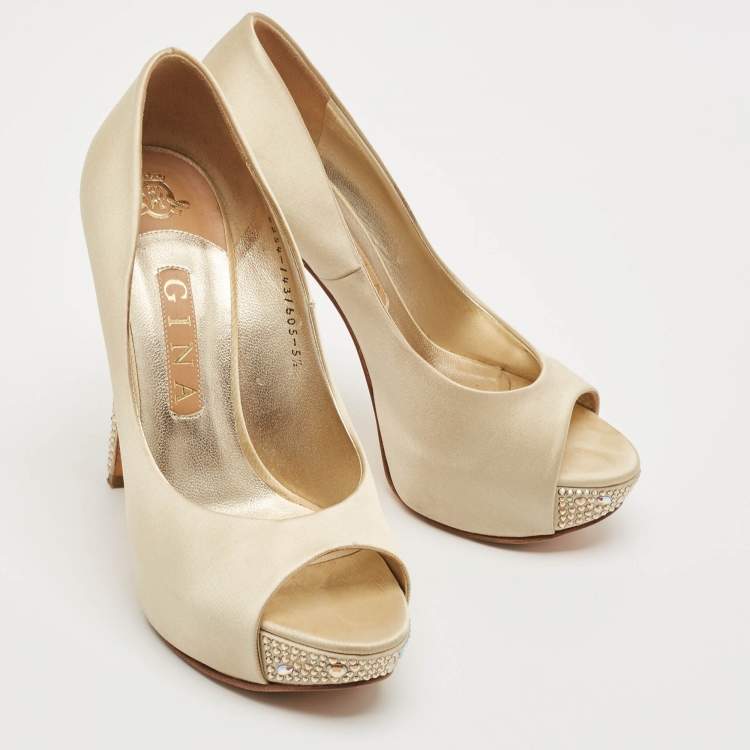 Pre Owned Gina Beige Satin Crystal Embellished Peep Toe Platform Pumps Size 38.5