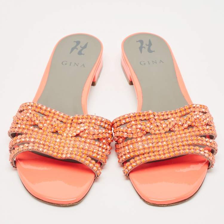 Pre Owned Gina Pink Crystal Embellished Leather Flat Sandals Size 41