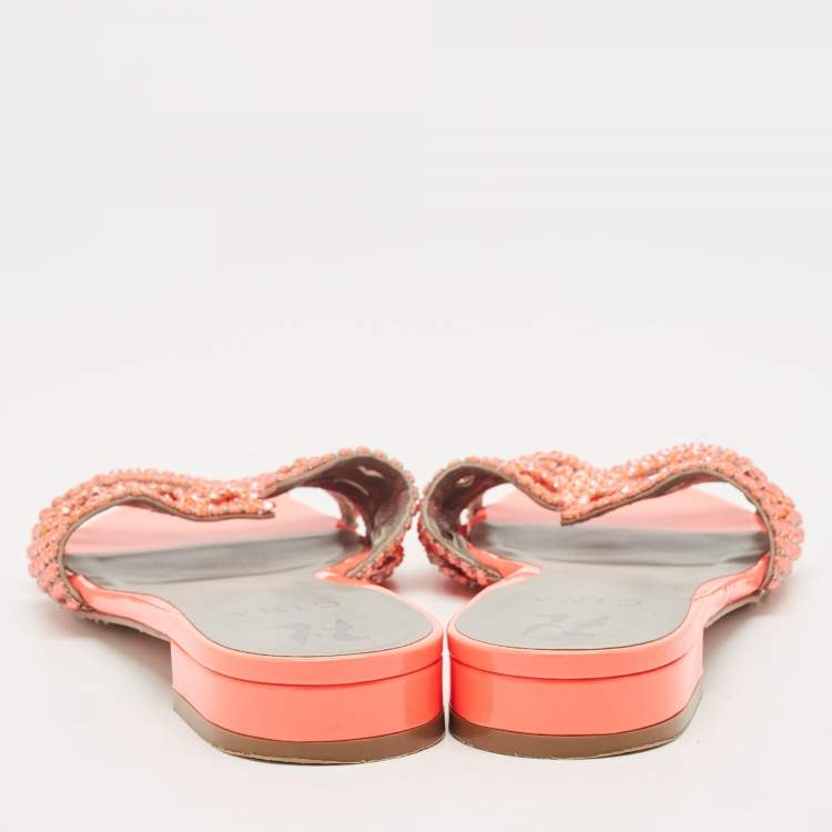 Pre Owned Gina Pink Crystal Embellished Leather Flat Sandals Size 41