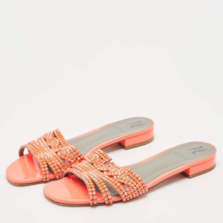 Pre Owned Gina Pink Crystal Embellished Leather Flat Sandals Size 41