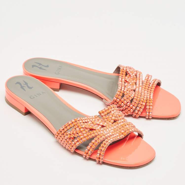 Pre Owned Gina Pink Crystal Embellished Leather Flat Sandals Size 41