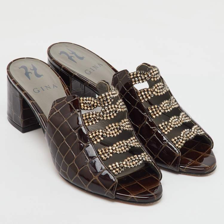 Pre Owned Gina Dark Brown Croc Embossed Patent Leather Crystal Embellished Slide Sandals Size 37