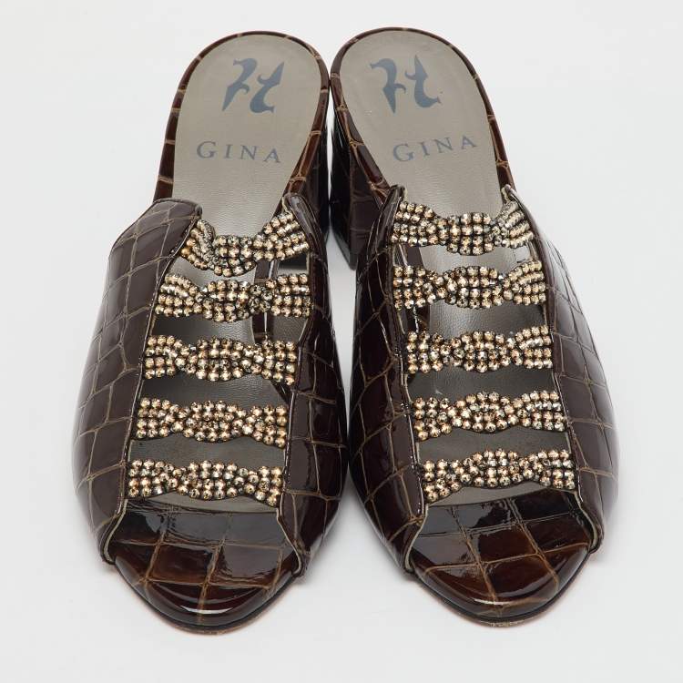 Pre Owned Gina Dark Brown Croc Embossed Patent Leather Crystal Embellished Slide Sandals Size 37