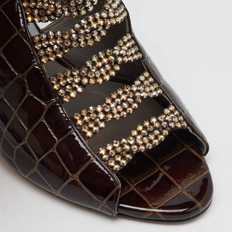 Pre Owned Gina Dark Brown Croc Embossed Patent Leather Crystal Embellished Slide Sandals Size 37