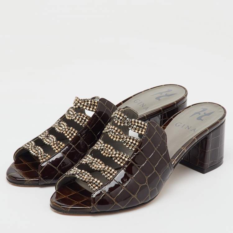 Pre Owned Gina Dark Brown Croc Embossed Patent Leather Crystal Embellished Slide Sandals Size 37