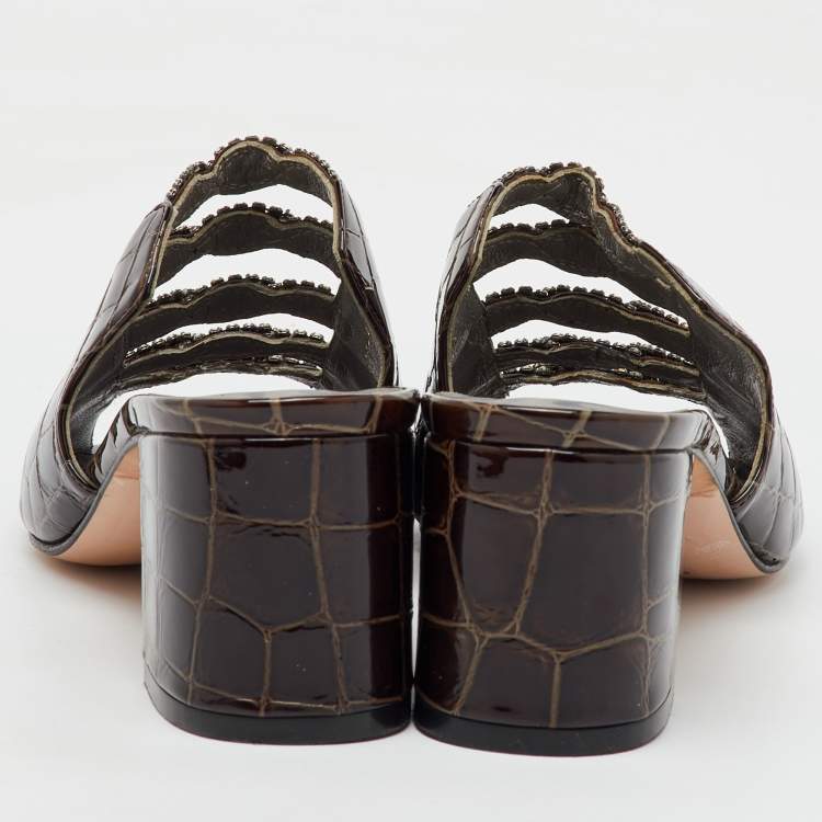 Pre Owned Gina Dark Brown Croc Embossed Patent Leather Crystal Embellished Slide Sandals Size 37