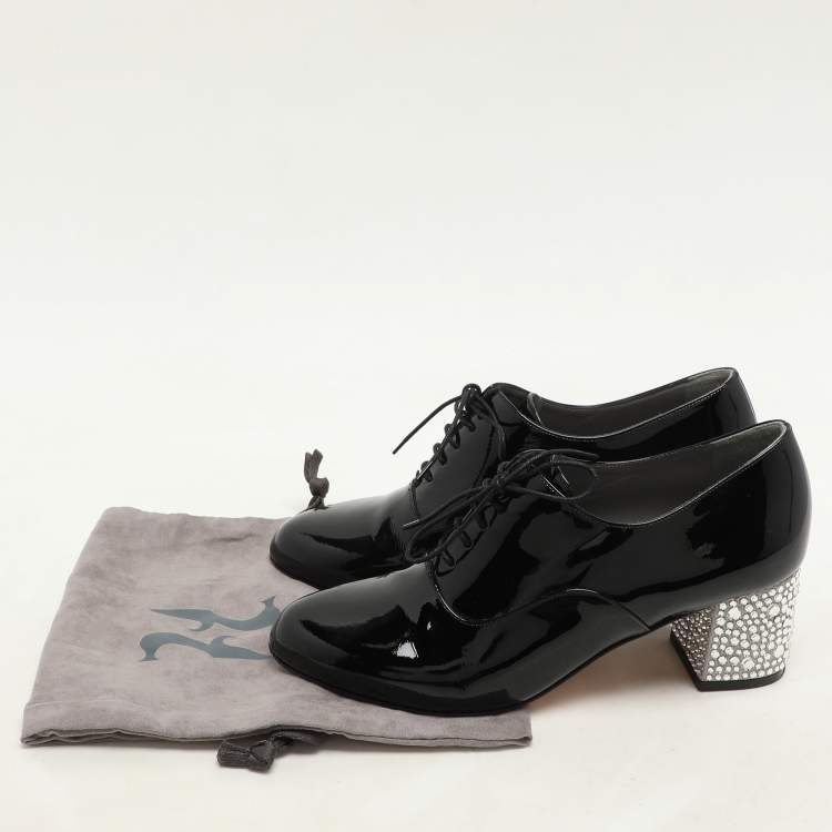 Pre Owned Gina Black Patent Leather Crystal Embellished Oxford Pumps Size 38