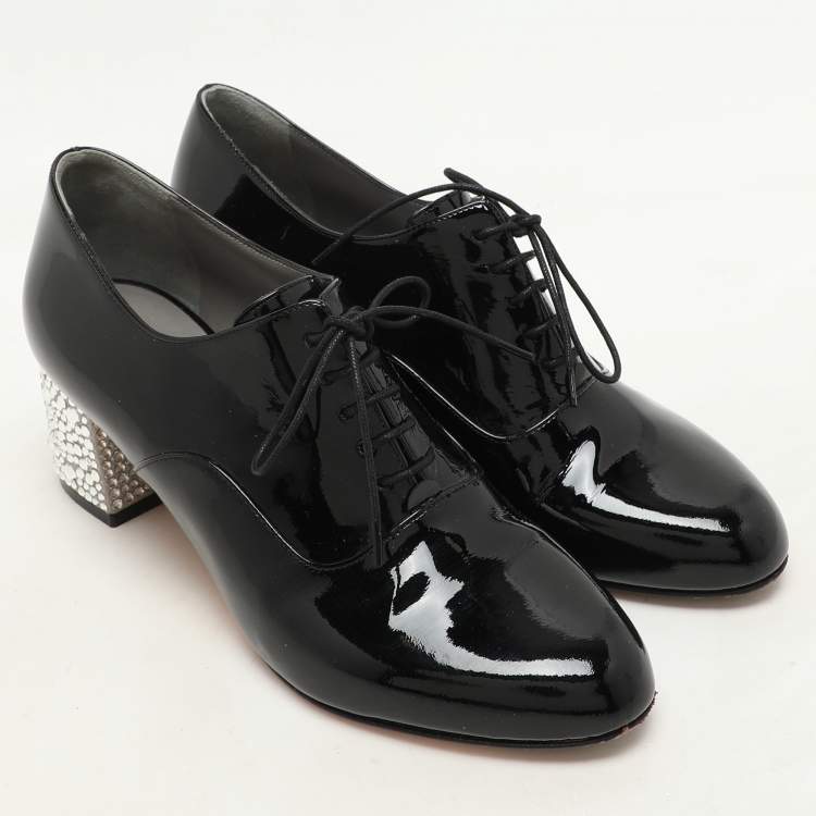 Pre Owned Gina Black Patent Leather Crystal Embellished Oxford Pumps Size 38