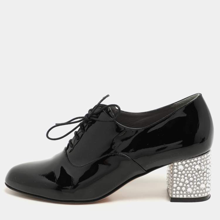 Pre Owned Gina Black Patent Leather Crystal Embellished Oxford Pumps Size 38