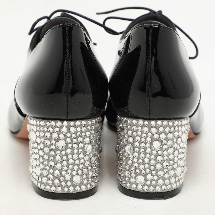 Pre Owned Gina Black Patent Leather Crystal Embellished Oxford Pumps Size 38