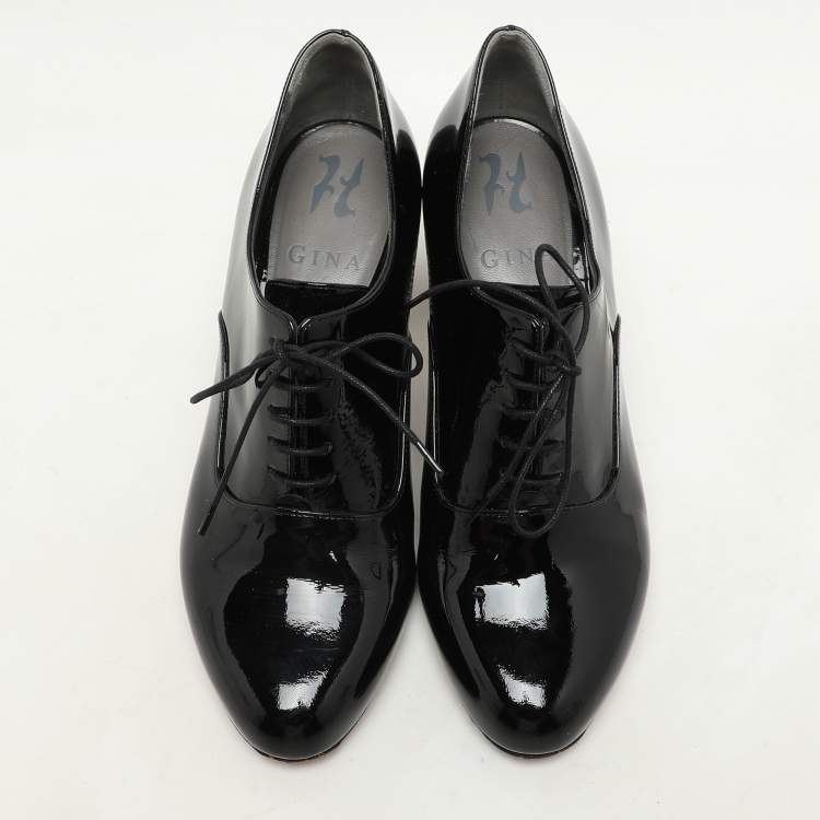 Pre Owned Gina Black Patent Leather Crystal Embellished Oxford Pumps Size 38