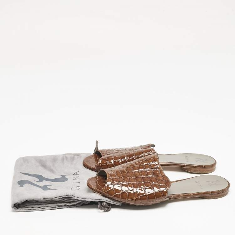 Pre Owned Gina Brown Croc Embossed Patent Leather Slide Sandals Size 41