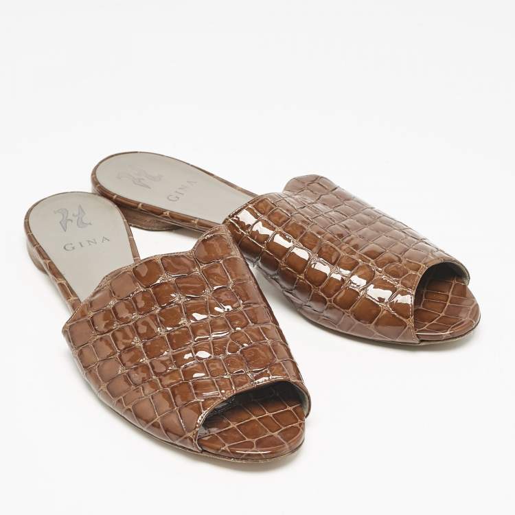 Pre Owned Gina Brown Croc Embossed Patent Leather Slide Sandals Size 41