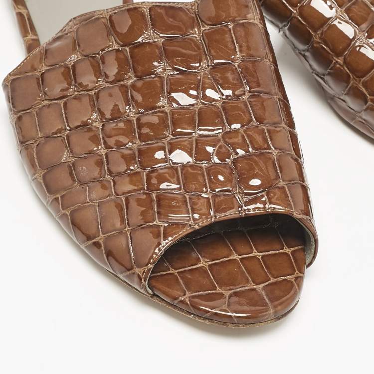 Pre Owned Gina Brown Croc Embossed Patent Leather Slide Sandals Size 41