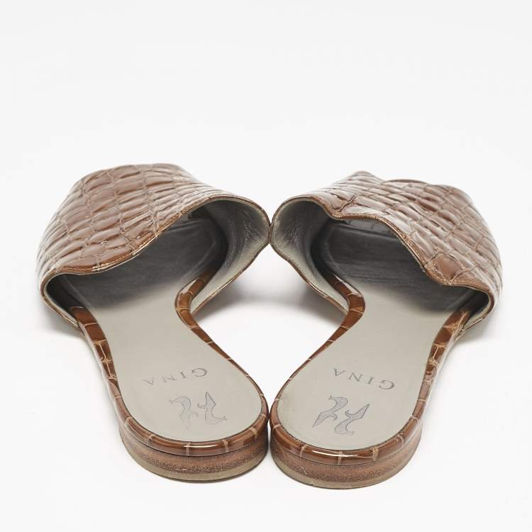 Pre Owned Gina Brown Croc Embossed Patent Leather Slide Sandals Size 41