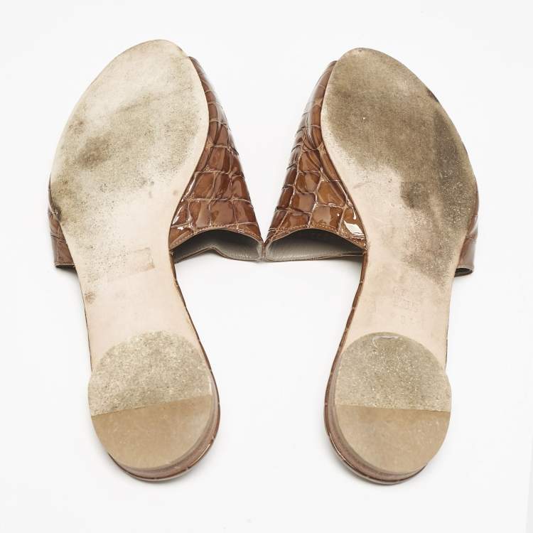 Pre Owned Gina Brown Croc Embossed Patent Leather Slide Sandals Size 41