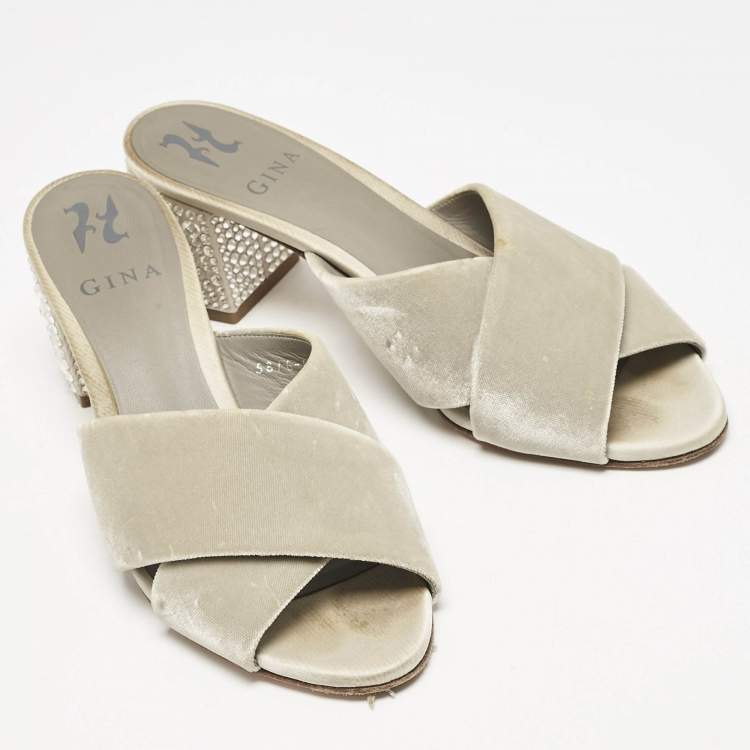 Pre Owned Gina Grey Velvet Cross Strap Slide Sandals Size 39