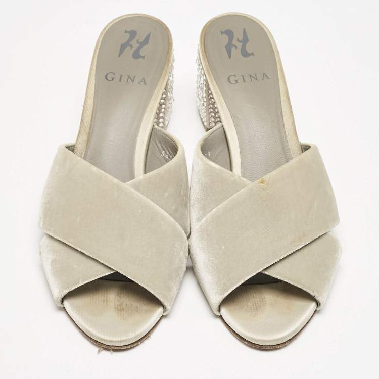 Pre Owned Gina Grey Velvet Cross Strap Slide Sandals Size 39