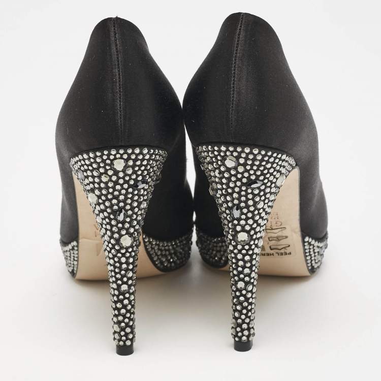 Pre Owned Gina Black Satin Crystals Platform Pumps Size 36.5