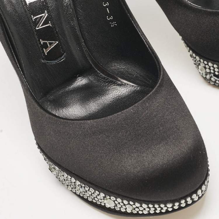 Pre Owned Gina Black Satin Crystals Platform Pumps Size 36.5