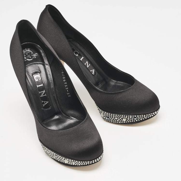 Pre Owned Gina Black Satin Crystals Platform Pumps Size 36.5