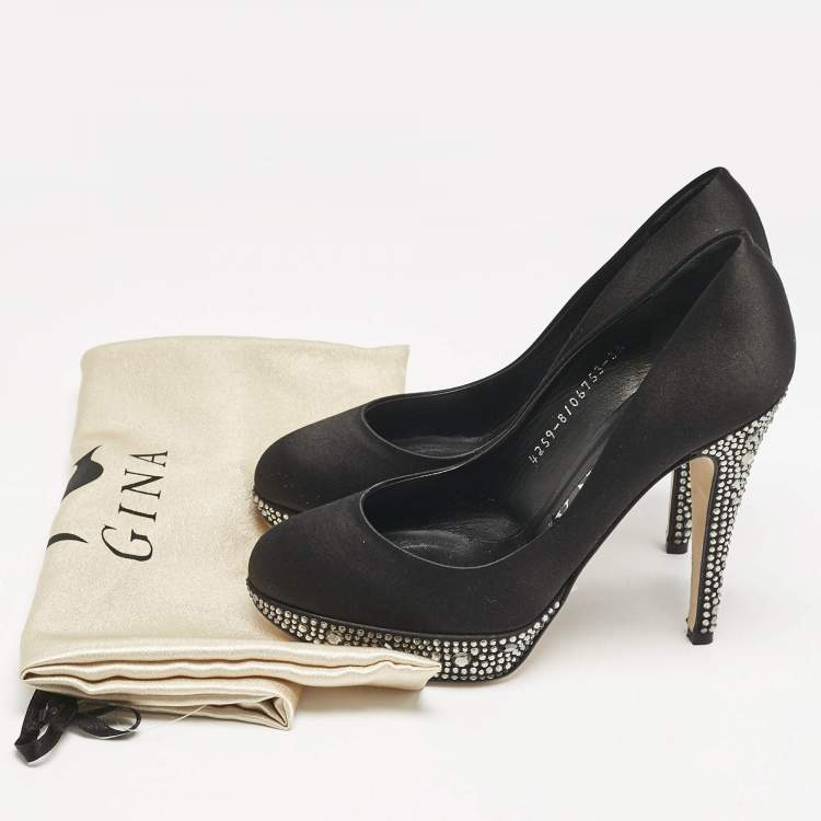 Pre Owned Gina Black Satin Crystals Platform Pumps Size 36.5
