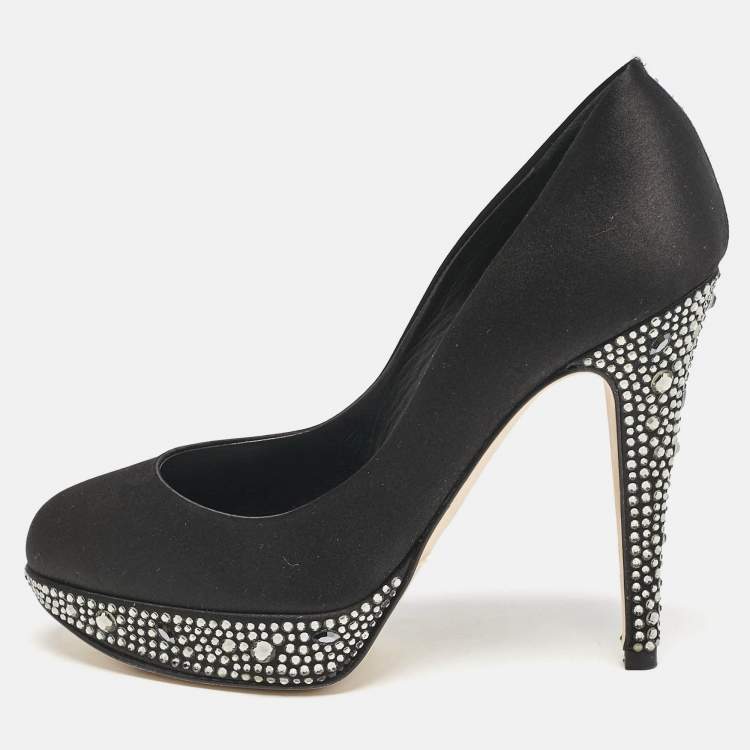 Pre Owned Gina Black Satin Crystals Platform Pumps Size 36.5