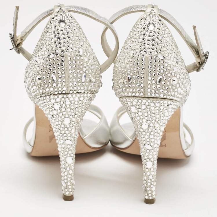 Pre Owned Gina Silver Leather Crystals Embellished Ankle Strap Sandals Size 39.5