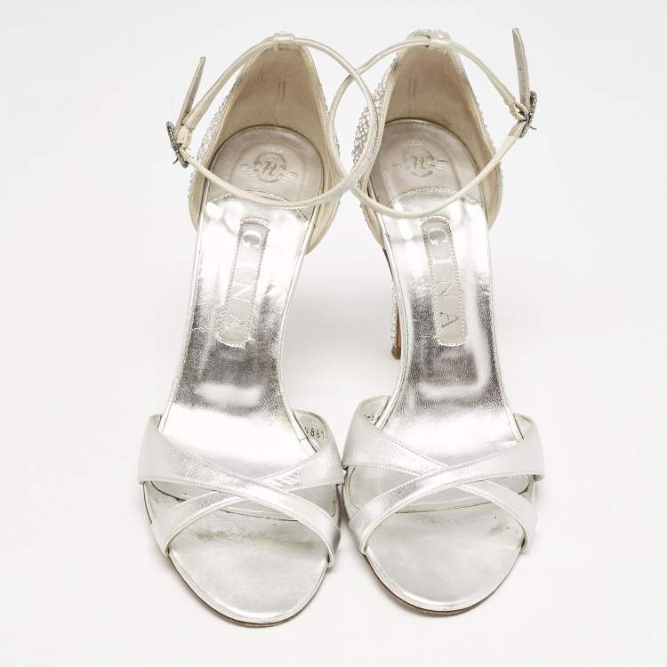 Pre Owned Gina Silver Leather Crystals Embellished Ankle Strap Sandals Size 39.5