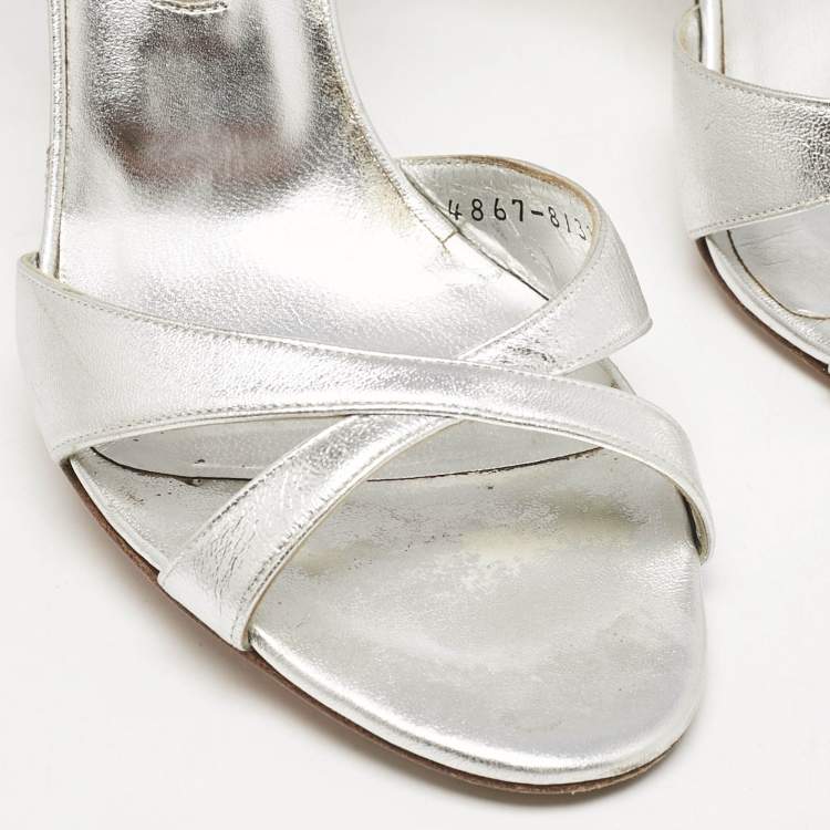 Pre Owned Gina Silver Leather Crystals Embellished Ankle Strap Sandals Size 39.5